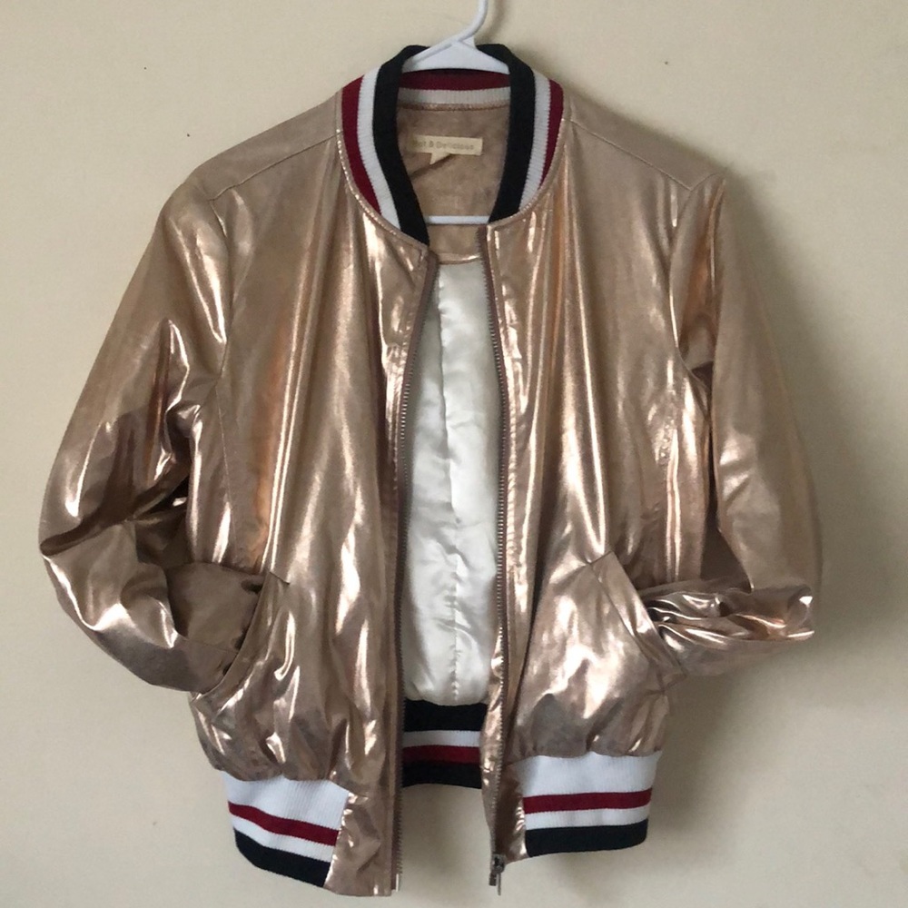 Hot & Delicious Metallic Zip Up Jacket ROSE GOLD - Picture 3 of 15